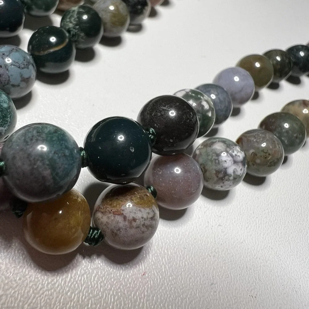 Vintage Indian Agate Necklace Hand‎ Knotted Natural Gemstone Beads Green Earthy